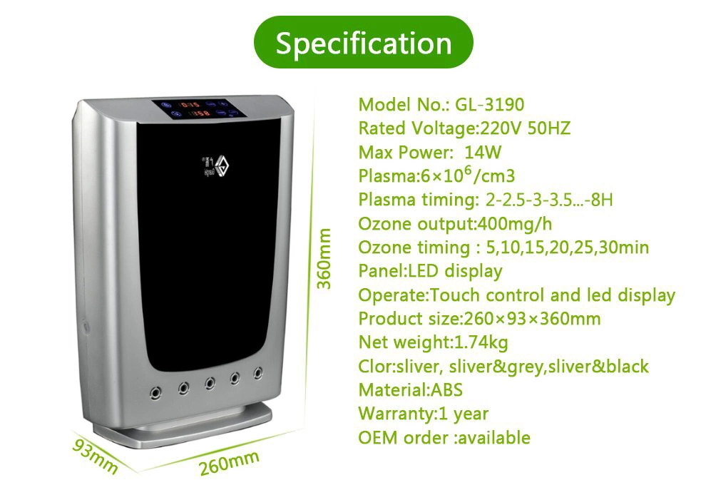 Wall Mounted Plasma Air Sterilizer with Ozone Generator for Air and Water Purifier